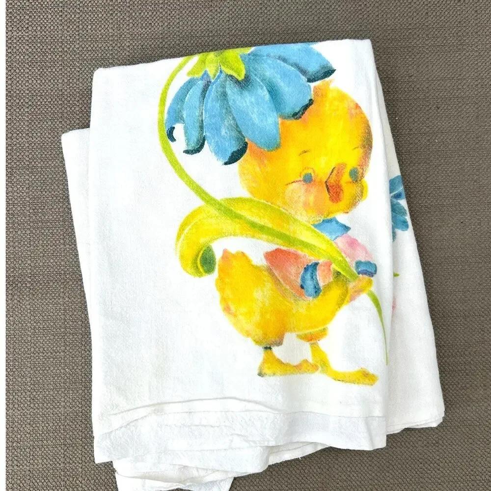 Lot Set of 2 Vintage Hand Painted Chicken Chicks Flour Sack Kitchen Towels
